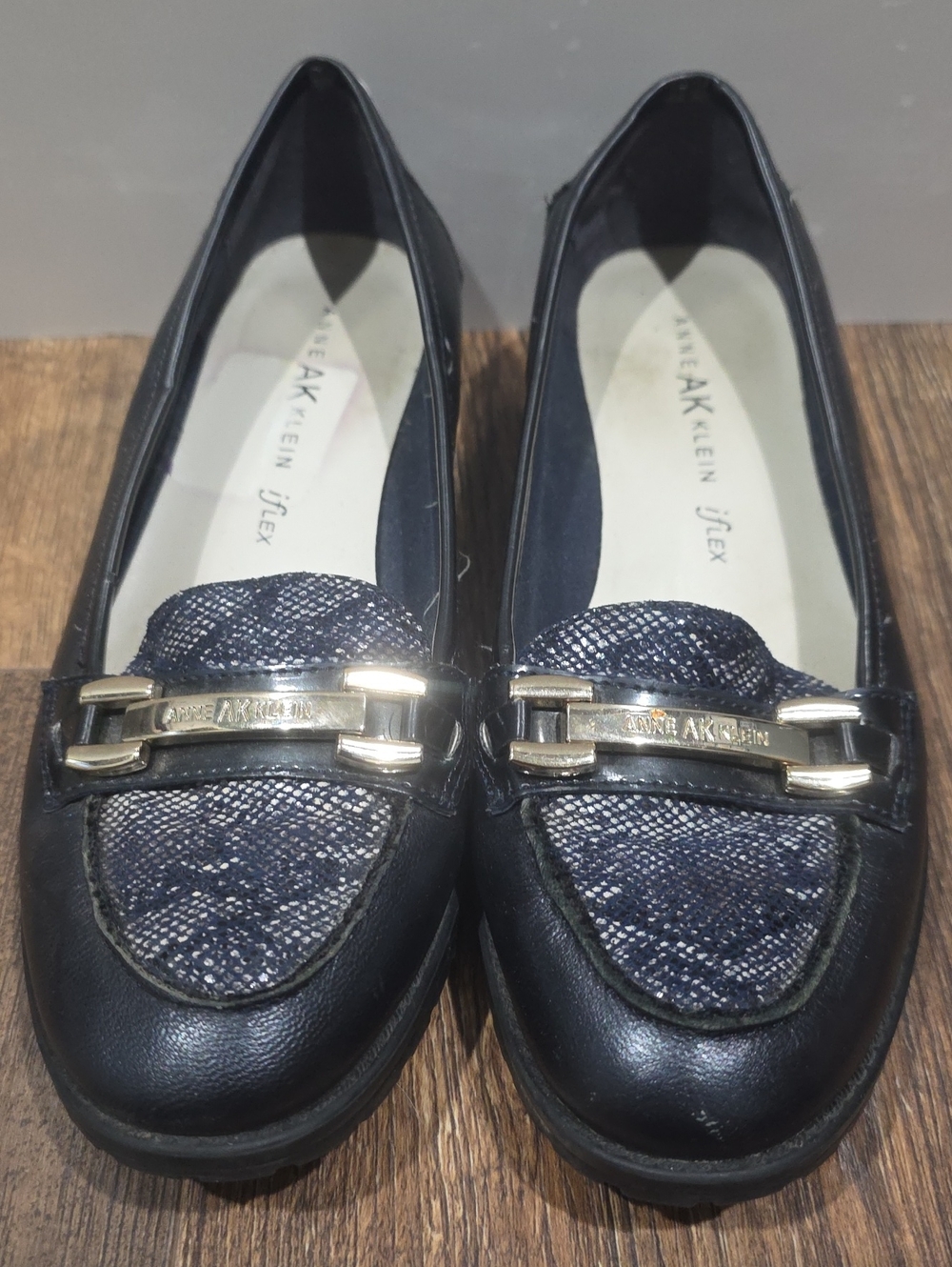 Anne Klein Black 6.5 Leather Loafers with Navy Fabric Vamp & Gold Hardware
